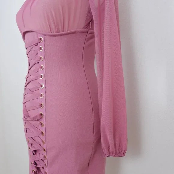 Iris Mauve Pink Sheer Mock Neck Long Sleeve Corset Lace Up SZ S Sexy Y2K Dress - Picture 7 of 14